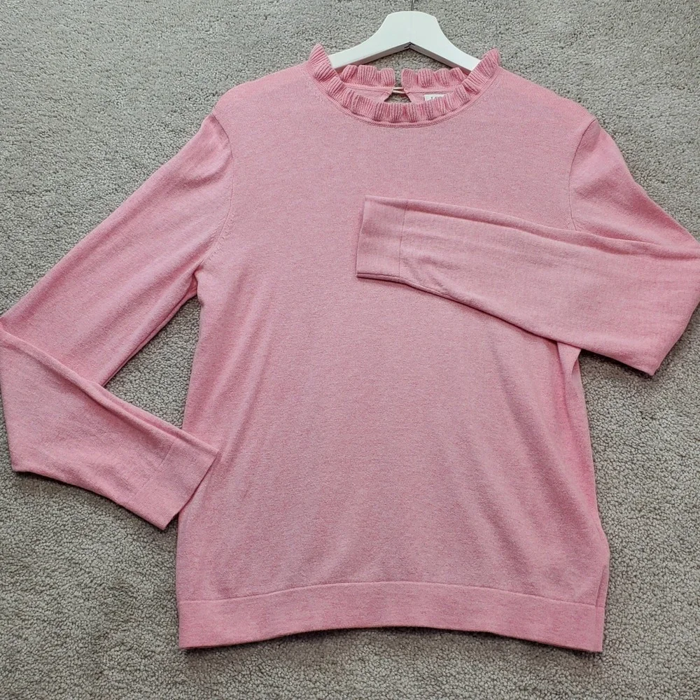 J.Crew Sweater Womens Medium Pink Cotton Long Sleeve Ruffle Neck Keyhole Back - Picture 2 of 10
